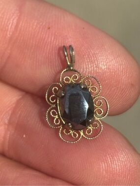 Vintage Filigree Pendant Gold Tone Dark Stone • Delicate Ornate Charm Necklace